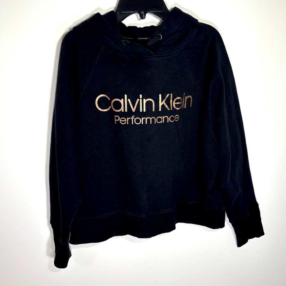 Calvin‎ Klein Cropped Black Hoodie with Gold Logo